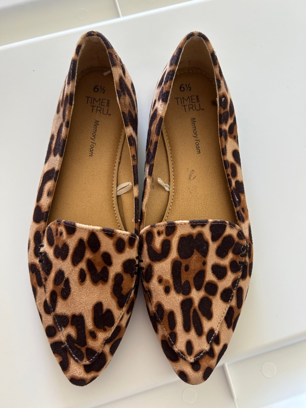 Time and Tru Leopard-Print Pointed Toe Flats in Brown and Black